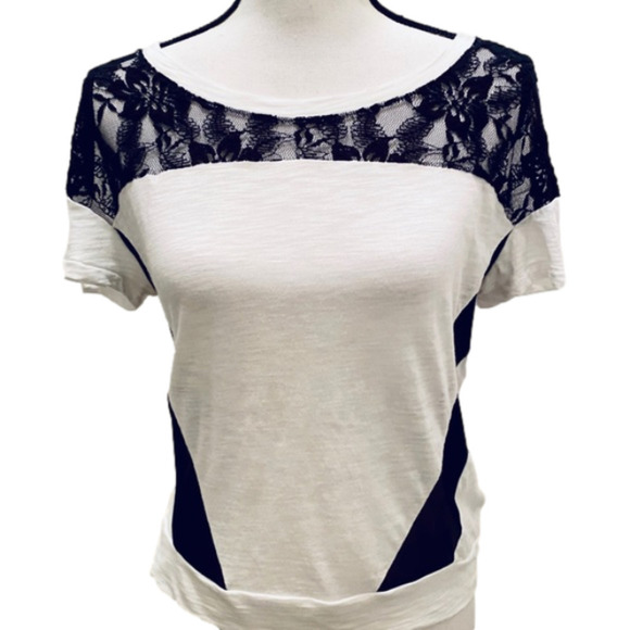 Express White Tee with Black Lace & Illusion Mesh - Picture 2 of 11